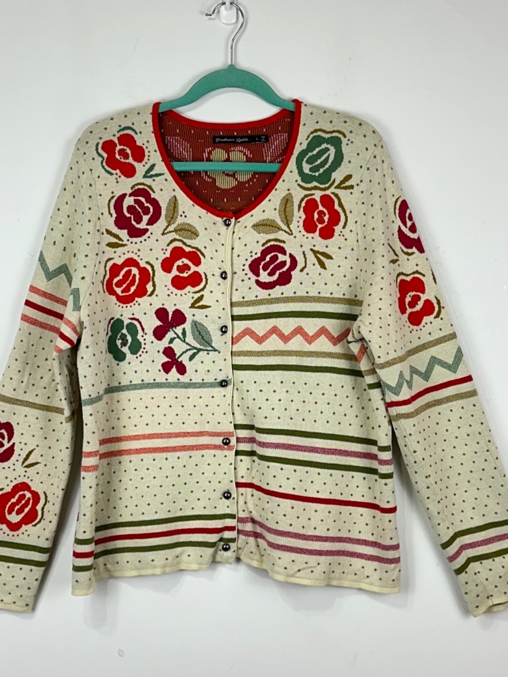 Gudrun Sjoden Womens Floral Cream Cardigan L Colorful Bird Fall